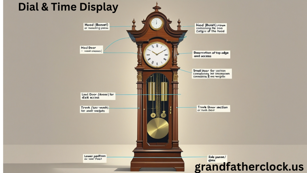 Labeled diagram of a grandfather clock exterior showing hood, crown, finial, trunk, base, plinth, and side glass panels.