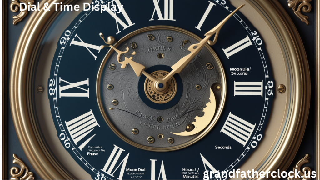 Detailed illustration of grandfather clock dial with labeled parts including hands, chapter ring, moon phase, date aperture, and spandrels.