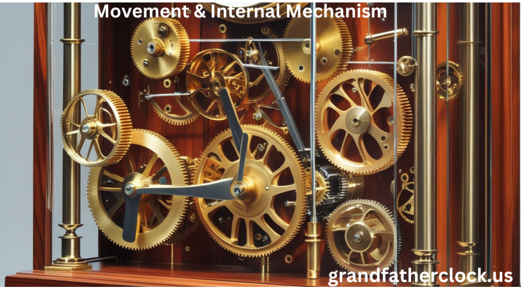 Labeled cutaway of grandfather clock movement showing gears, escapement, anchor, arbors, and bushings inside the wooden case.