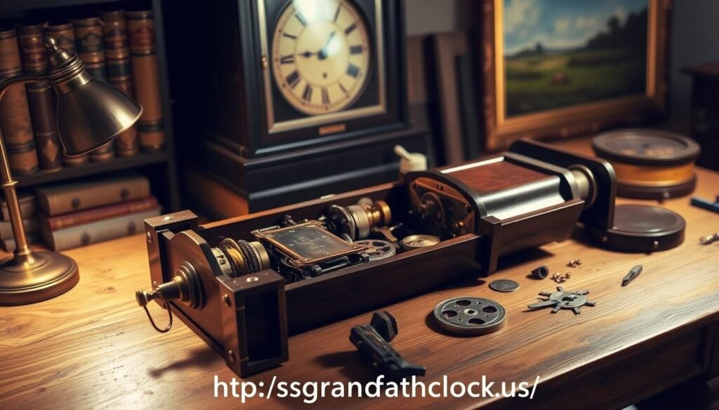 An antique grandfather clock disassembled on a wooden workbench, its intricate gears and mechanisms laid out in an organized manner. Soft, warm lighting from a desk lamp illuminates the scene, casting gentle shadows and highlighting the clock's intricate brass components. In the background, a bookshelf with aged tomes and a framed painting of a pastoral landscape set the scene. The overall mood is one of careful restoration and attention to detail, as if the viewer is about to embark on the delicate process of reassembling this heirloom timepiece. At the bottom of the image, the website "https://oldtimeclock.com/" is discreetly featured.