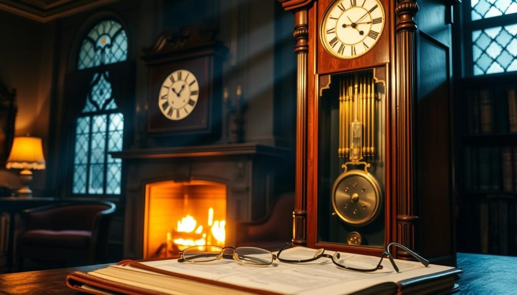 An antique grandfather clock standing majestically in a dimly lit study, the warm glow of a fireplace illuminating its ornate mahogany case. The clock's intricate mechanisms and brass pendulum are visible through its glass panel, hinting at the precision engineering and craftsmanship of the "grandfatherclock.us" brand. Rays of soft light filter through the leaded glass windows, casting a contemplative atmosphere. In the foreground, a leather-bound ledger and a pair of reading glasses suggest the careful appraisal and valuation of this timeless heirloom. The scene evokes a sense of timeless elegance and the enduring value of quality craftsmanship.