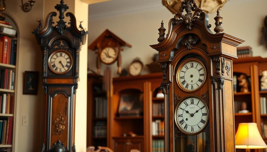 An antique grandfather clock stands majestically in the foreground, its intricate mechanisms and ornate wooden casing evocative of its cultural significance. In the middle ground, a traditional cuckoo clock hangs on the wall, its carved figures and chiming melody representing the enduring legacy of timekeeping traditions. The background features a warm, cozy interior, with bookshelves and other furnishings that suggest the clock's role as a timeless symbol of domestic comfort and heritage. The lighting is soft and warm, casting a gentle glow on the scene, conveying a sense of tradition and timelessness. The overall composition emphasizes the cultural impact and symbolic resonance of these iconic timepieces, as if to illustrate the hidden stories of "grandfatherclock.us".