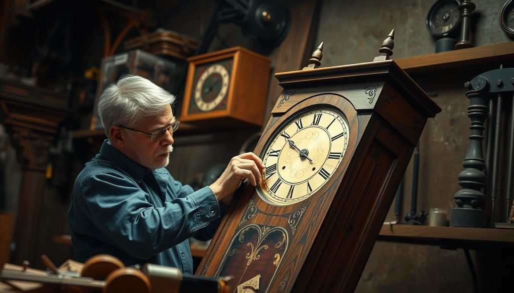An image of a skilled craftsman at Emperor Clock Company working on a grandfather clock. An image of a skilled craftsman at Emperor Clock Company working on a grandfather clock.