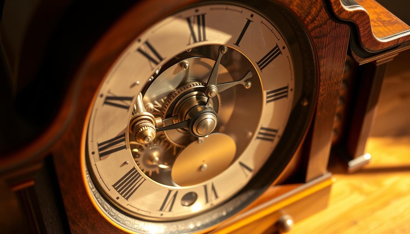 Elegant wooden Tempus Fugit grandfather clock with swinging brass pendulum and detailed Roman numeral dial, standing in a traditional living room.