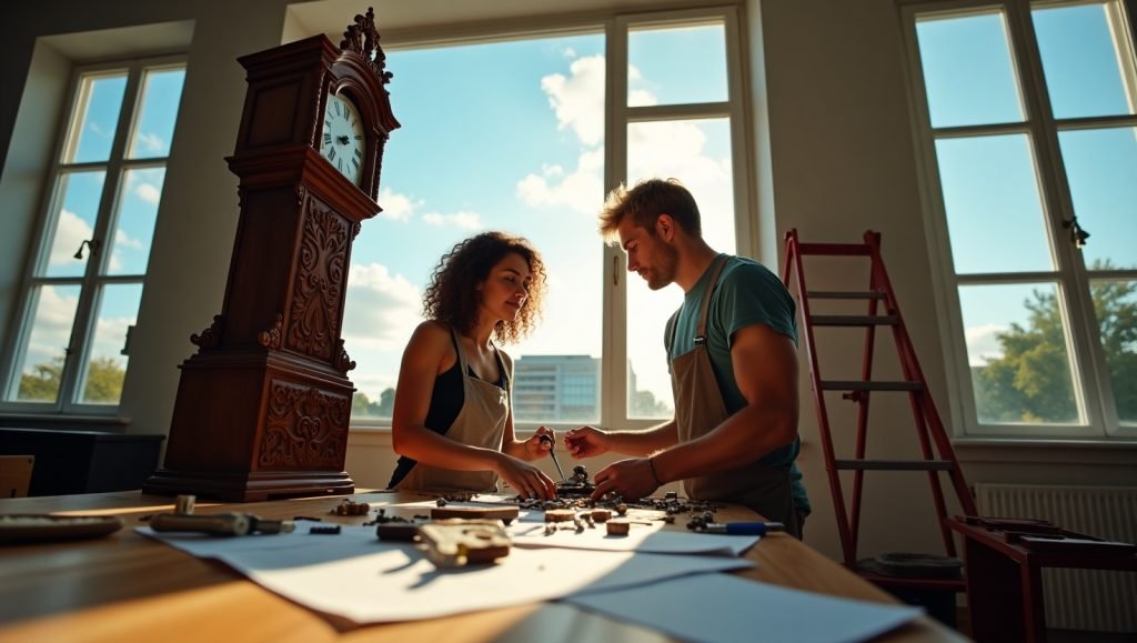 Close-up of modern grandfather clock mechanism with gears and digital components against a bright sky background