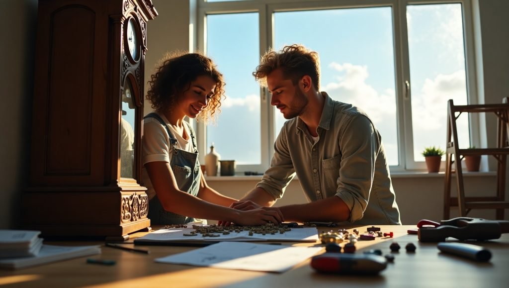 Close-up of modern grandfather clock mechanism with gears and digital components against a bright sky background