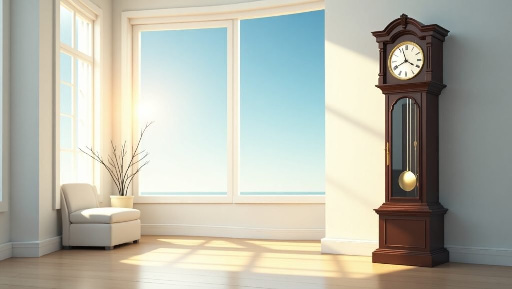 Minimalist living room with grandfather clock pendulum swinging, natural light, and clear blue sky outside