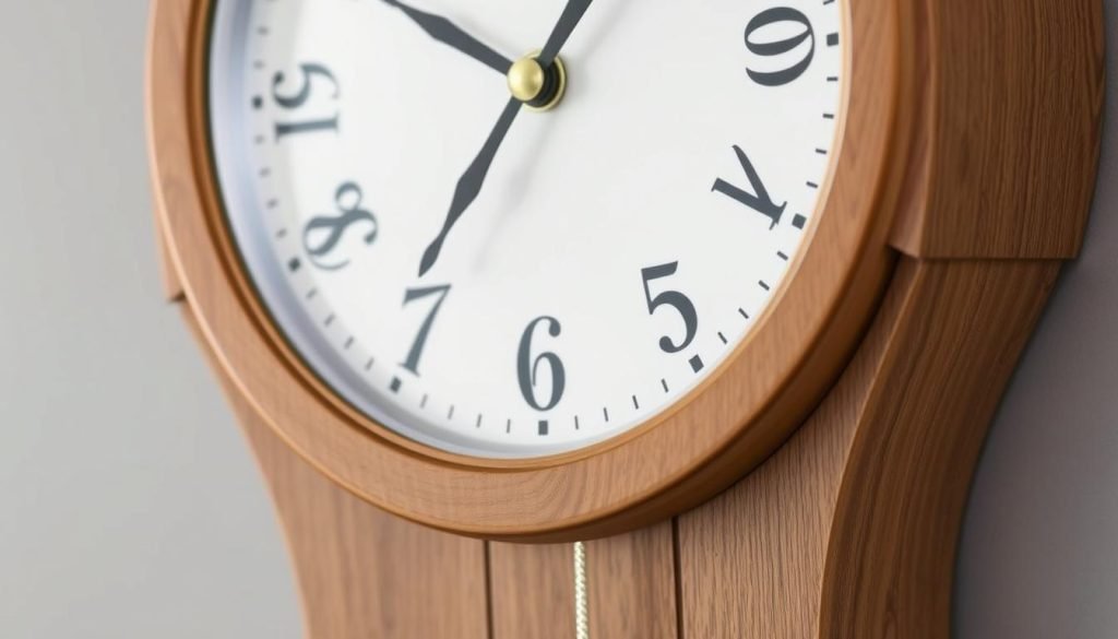 Generate an image of the Howard Miller Allegheny Wall Clock625759, showcasing its natural Oak Yorkshire finish and spun brass pendulum.