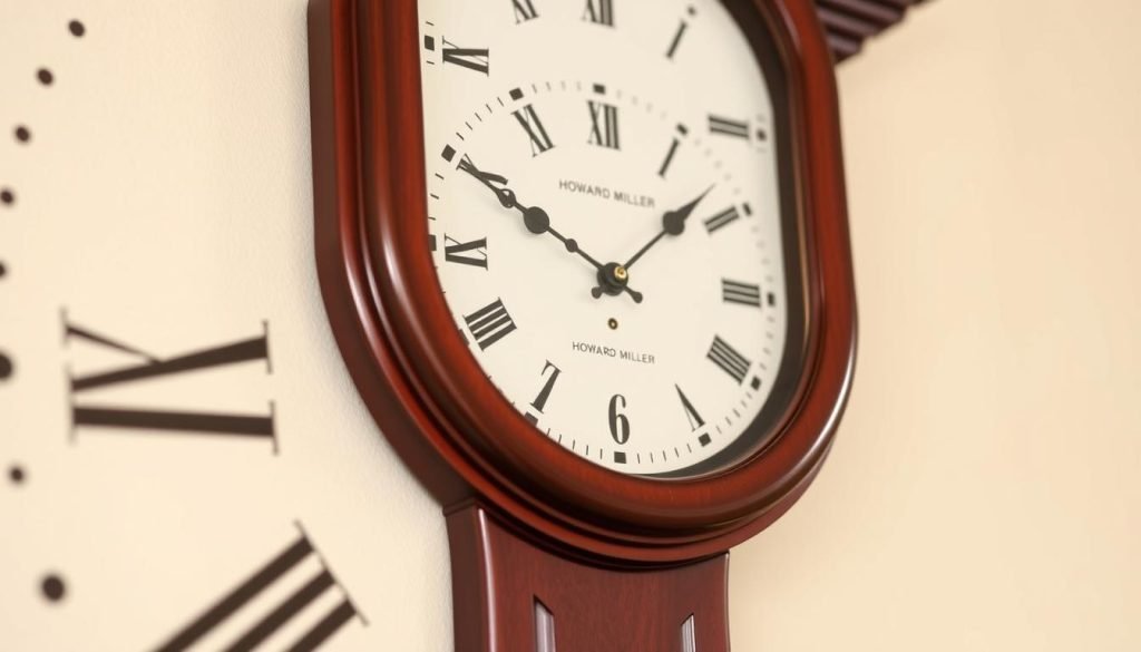 Generate an image of the Howard Miller Continental Wall Clock625468, highlighting its Cherry Bordeaux wood frame and lambs-wool dial.