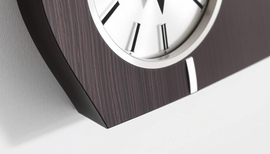Generate an image of the Howard Miller Deco Wall Clock625695, highlighting its sleek Black Coffee wood finish and satin silver accents.