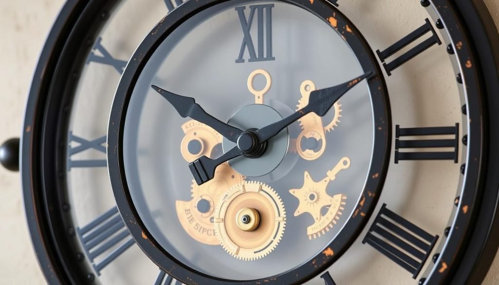 Generate an image of the Howard Miller Hansel Wall Clock625790, showcasing its antique worn black metal frame and moving brass gears.