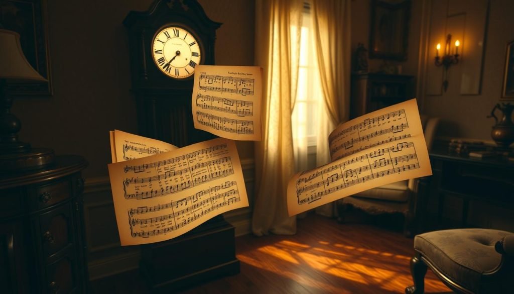 Grandfatherclock.us - An ornate, antique grandfather clock stands majestically in a cozy, dimly lit living room. The clock's face is illuminated, casting a warm glow across the hardwood floor and vintage furniture. Faded sheet music, representing beloved grandfather clock songs, floats gently in the air, their aged lyrics etched into the pages. Soft, golden light filters through lace curtains, creating a nostalgic, sentimental atmosphere. The clock's ornate pendulum swings rhythmically, keeping time with the passage of years. This timeless scene evokes a sense of cherished family traditions and the enduring power of music to transcend generations.
