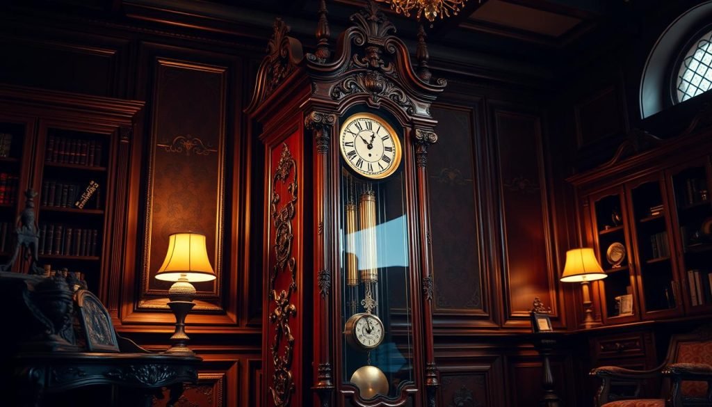 Grandiose, ornate grandfather clock standing regally in a cozy, dimly lit study. Gleaming mahogany case with intricate carvings, antique brass pendulum and chime mechanism reflecting warm, soft lighting. A majestic timepiece that transcends its practical function, evoking a sense of timeless elegance and profound history. Ornate detailing, intricate gears, and the gentle ticking transport the viewer to a bygone era, where this grandfatherclock.us clock is a cherished, heirloom centerpiece, radiating an air of reverence and nostalgia.