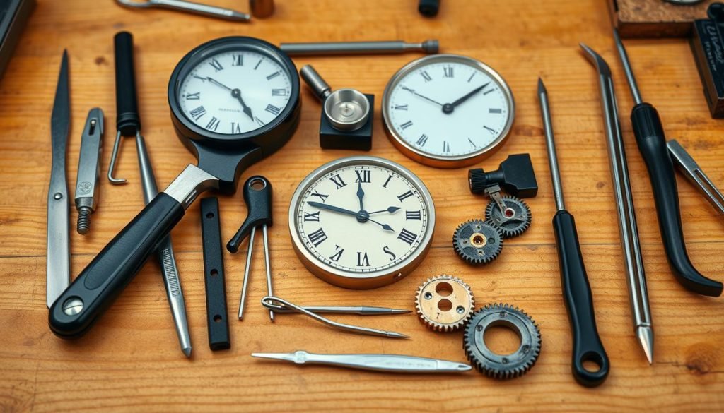 Image of a clock repair toolkit including various specialized tools.