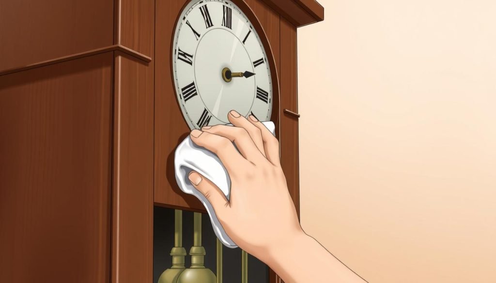 Image of a person gently cleaning a grandfather clock's case with a soft cloth