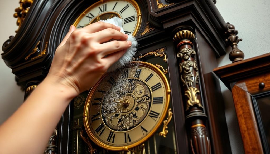Image of a person gently dusting an Emperor Grandfather Clock Image of a person gently dusting an Emperor Grandfather Clock