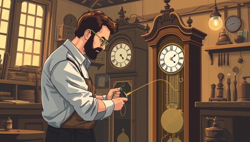 Image of a person oiling a grandfather clock movement
