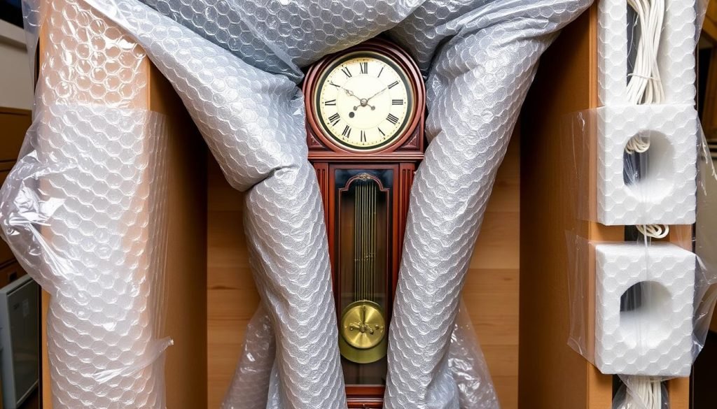 Image of anti-static bubble wrap and foam inserts used for packing a grandfather clock.