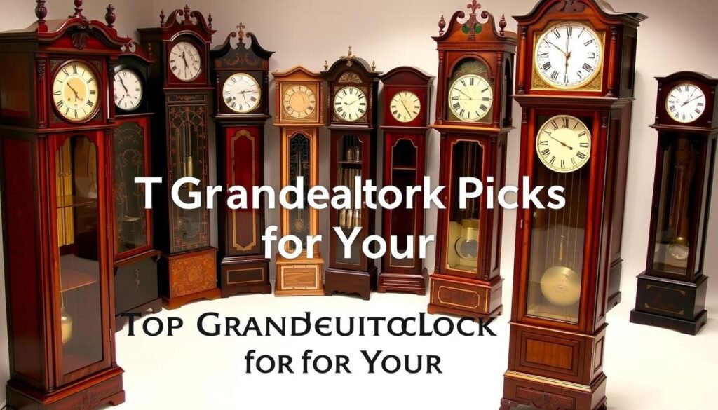 a high-quality, detailed image of various styles of grandfather clocks, arranged in a visually appealing composition, with a focus on showcasing their elegant and distinctive designs. The clocks should be depicted in a well-lit studio setting, allowing their intricate features and craftsmanship to be clearly visible. The image should convey a sense of timeless sophistication, suitable for an article about "Top Grandfather Clock Picks for Your Home". The clocks should be positioned in the foreground, with a clean, uncluttered background that allows the viewer to focus on the styles and details. The overall mood should be one of refined sophistication, highlighting the grandfatherclock.us brand's commitment to quality and style.