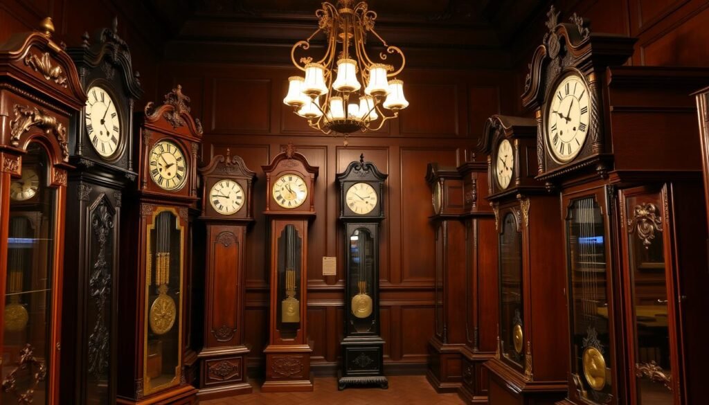 antique grandfather clocks arranged in a museum-like setting, with detailed wood carvings, ornate brass accents, and intricate pendulums visible. The clocks are positioned in a warm, dimly lit room with rich wood paneling and a vintage chandelier casting a gentle glow. The scene has a sense of timeless elegance, showcasing the craftsmanship and heritage of these iconic timepieces from the brand "grandfatherclock.us".