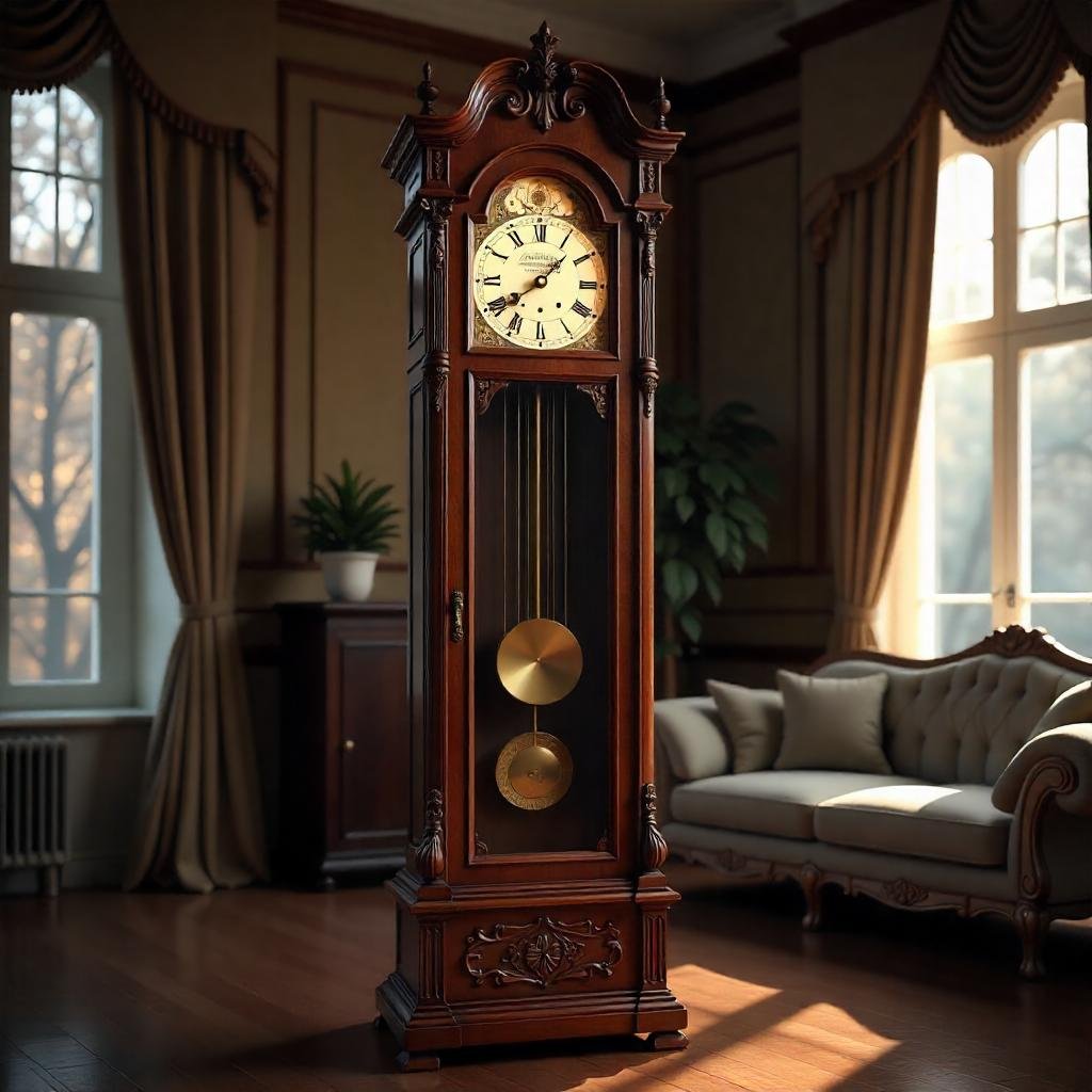 "Close-up view of a mechanical key wound grandfather clock with intricate dial and pendulum" "Wooden longcase grandfather clock with key winding mechanism" "Antique mechanical key wound grandfather clock with chimes and ornate carvings" "Detailed image of a key winding mechanism of a grandfather clock" "Classic mechanical grandfather clock with brass gears and pendulum"