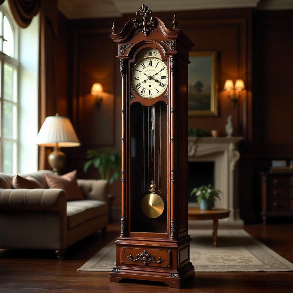"Mechanical key wound grandfather clock with ornate dial and pendulum"