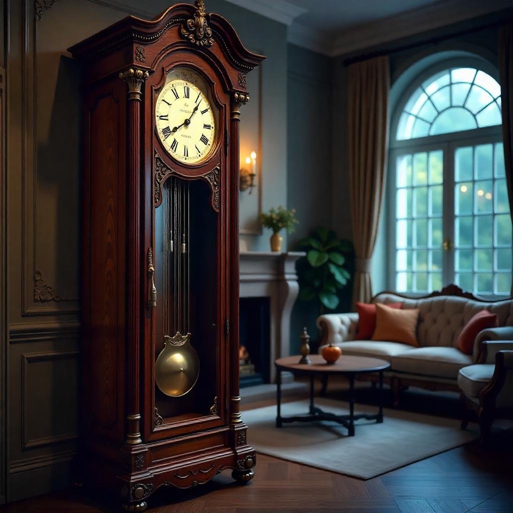 "Wooden longcase grandfather clock featuring a key winding mechanism"