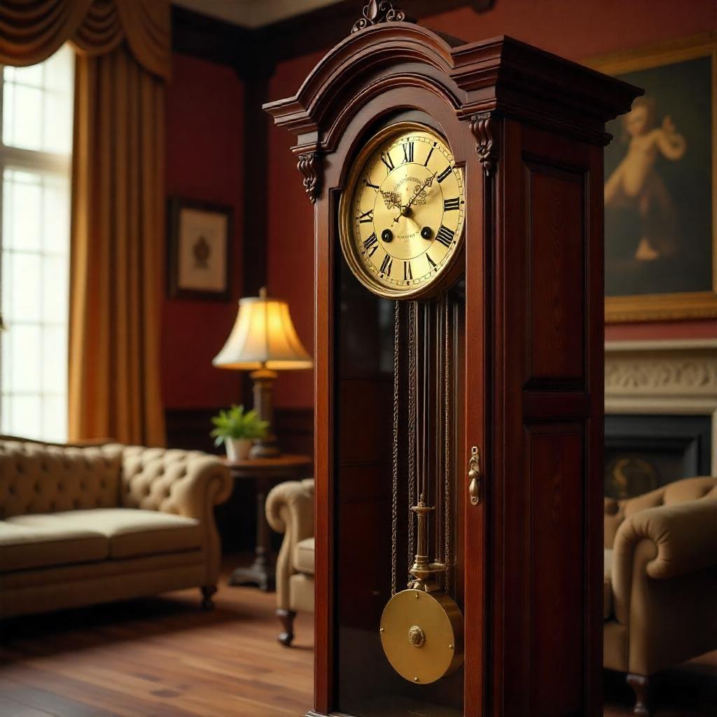 "Close-up of brass gears and key winding system in a grandfather clock"