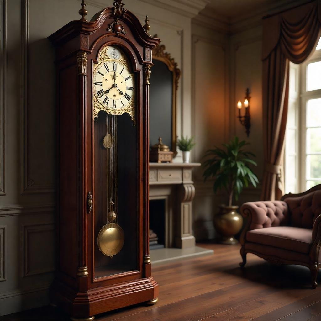 Close-up view of the intricate mechanical movement of a traditional grandfather clock."