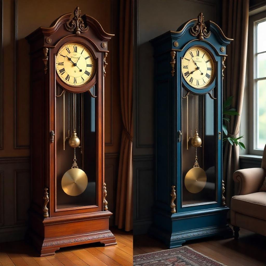 "Traditional grandfather clock with a moon phase dial and ornate brass accents."