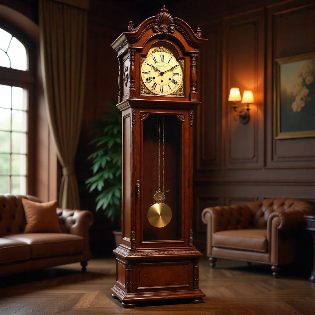 "Vintage traditional grandfather clock placed in a classic living room with antique decor."