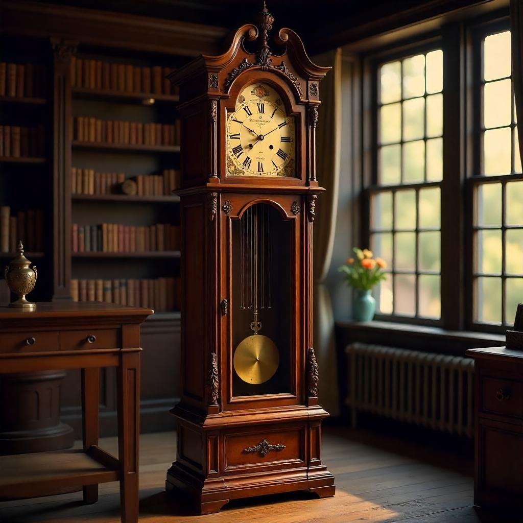 "Elegant traditional grandfather clock with a beautifully carved wooden case and a classic dial."