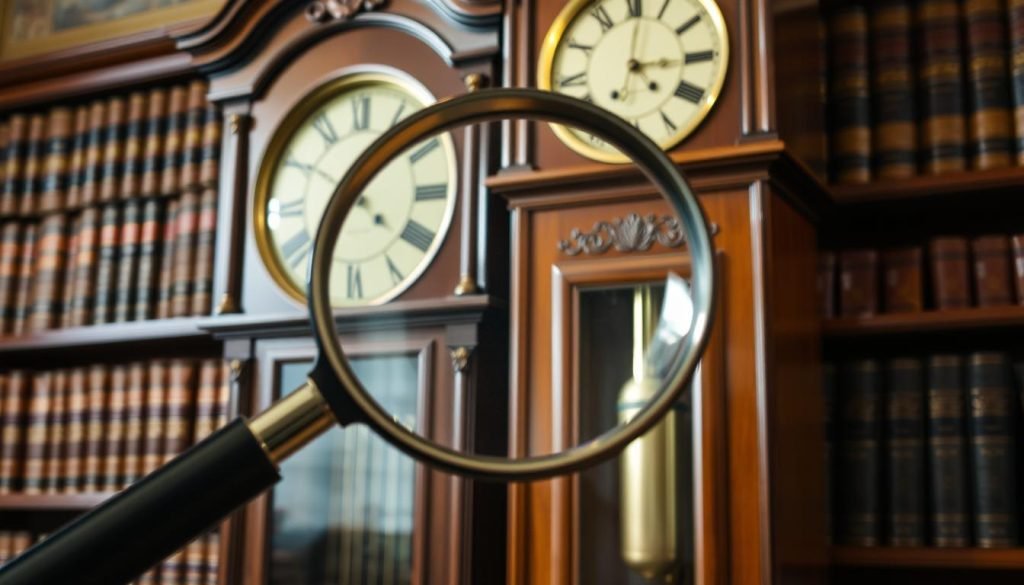 oldtimeclock.com - An elegant grandfather clock stands in a warm, well-lit room, its polished wood and gleaming brass fittings catching the soft glow of the light. The clock's intricate mechanism is partially visible, revealing the intricate inner workings that give it its timeless value. In the foreground, a magnifying glass hovers, inviting closer inspection of the clock's details - the delicate hands, the precise engraving, the weighted pendulum swinging with a reassuring rhythm. The background features a bookshelf filled with leather-bound volumes, adding a sense of scholarly tradition and historical significance to the scene. The overall impression is one of quality, craftsmanship, and the enduring appeal of a well-made grandfather clock. oldtimeclock.com - An elegant grandfather clock stands in a warm, well-lit room, its polished wood and gleaming brass fittings catching the soft glow of the light. The clock's intricate mechanism is partially visible, revealing the intricate inner workings that give it its timeless value. In the foreground, a magnifying glass hovers, inviting closer inspection of the clock's details - the delicate hands, the precise engraving, the weighted pendulum swinging with a reassuring rhythm. The background features a bookshelf filled with leather-bound volumes, adding a sense of scholarly tradition and historical significance to the scene. The overall impression is one of quality, craftsmanship, and the enduring appeal of a well-made grandfather clock.