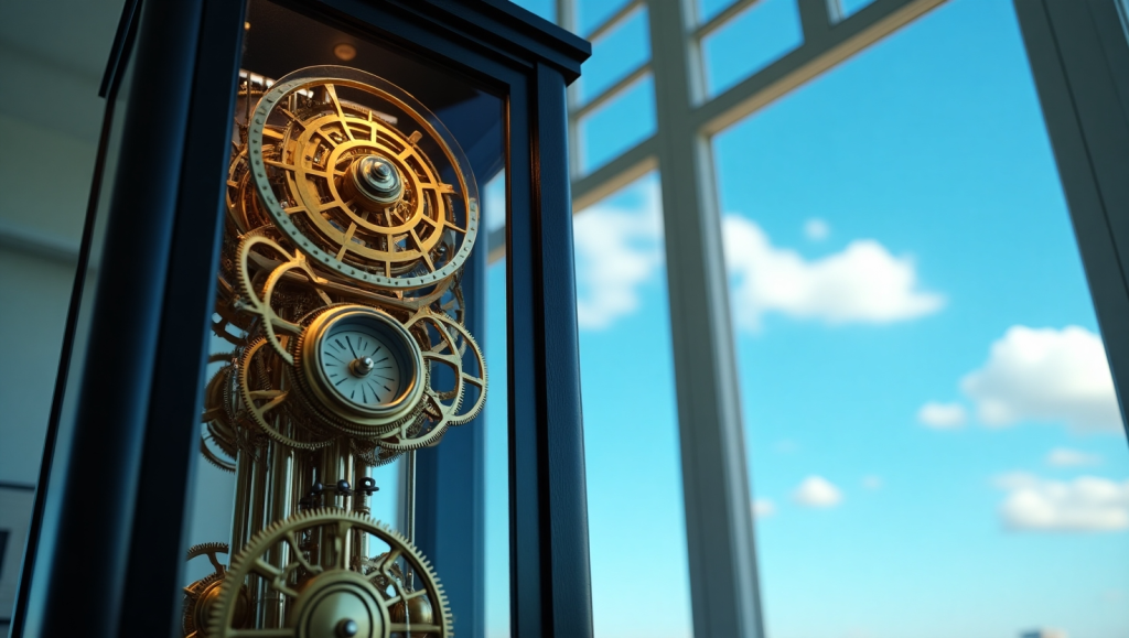 Close-up of modern grandfather clock mechanism with gears and digital components against a bright sky background