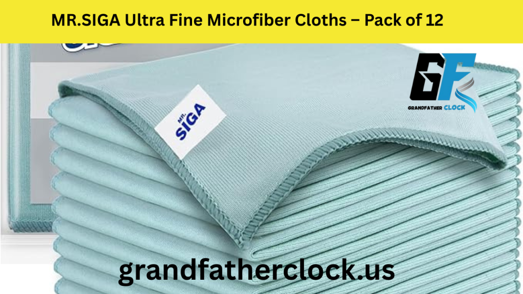 Double-sided microfiber and suede cloths placed near a vintage grandfather clock, ideal for polishing wood and cleaning glass surfaces.

