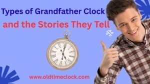 Antique wooden grandfather clocks of different types lined up, each with unique design and historical charm.