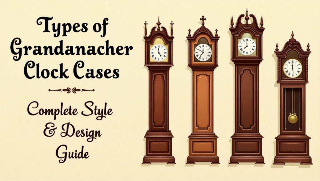 Various styles of grandfather clock cases including traditional, modern, and antique designs.