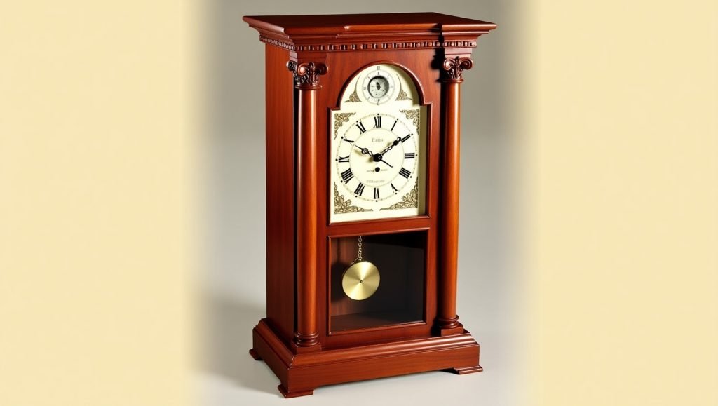 Sligh Cherry Wood Clock Model 0971-1-AN – red-toned cherry wood, fluted columns, classic pendulum window.