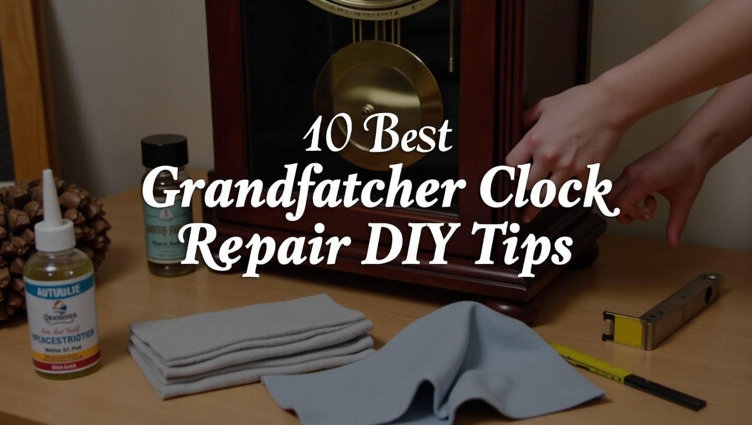 Tools and parts displayed with a grandfather clock and the title “10 Best Grandfather Clock Repair DIY Tips” written on the image.