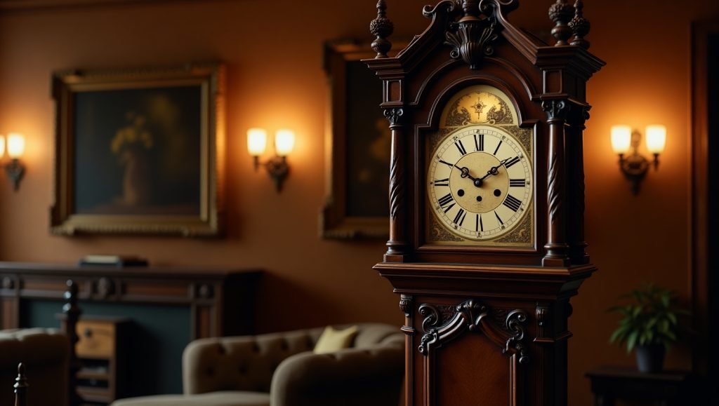 Person gently wiping the glass door and wooden surface of a grandfather clock using a microfiber cloth.