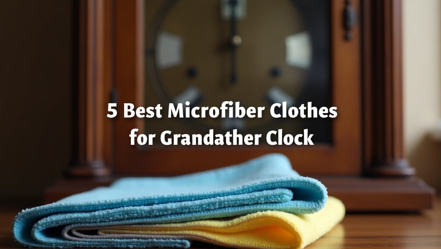 A folded set of microfiber cloths placed beside a polished grandfather clock, showing a clean glass panel and shiny wooden frame