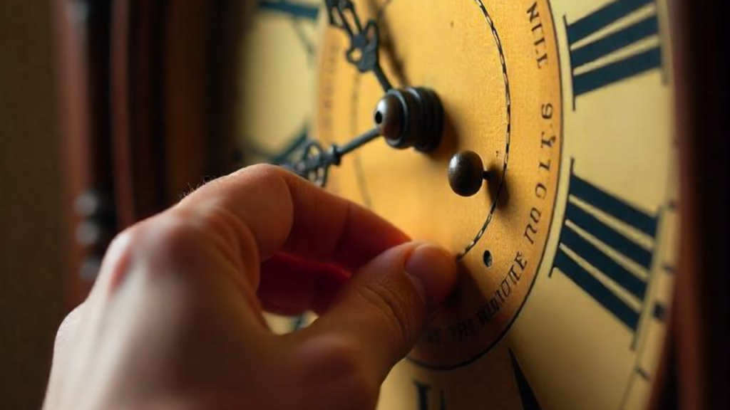 Person adjusting the minute hand of a grandfather clock to fix hand alignment without touching the hour hand