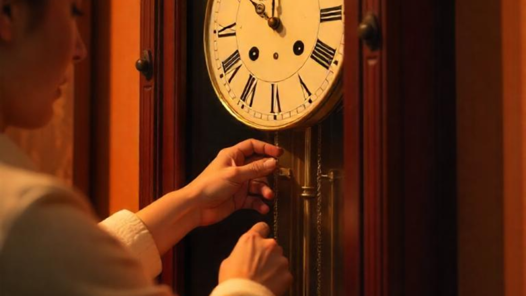Person gently restarting a grandfather clock by swinging the pendulum after a power interruption.