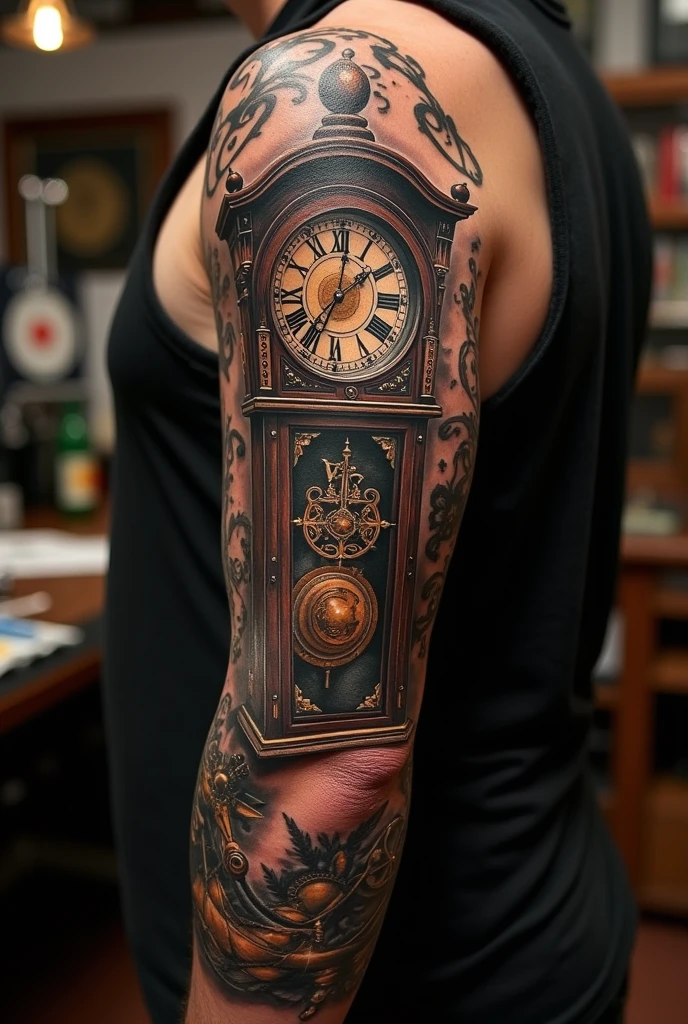 A full sleeve tattoo featuring a steampunk-style grandfather clock with brass gears, steam valves, and metallic textures, wrapped around the arm. 3D shaded tattoo with copper tones and black ink shadows. Tattooed on muscular arm, hyper-realistic texture, industrial-themed lighting in tattoo shop.
