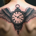 A fine-line tattoo of a vintage grandfather clock with large Roman numerals and angel wings extending from both sides, inked on the upper back. Black and grey ink, soft shading with feather detailing. Symmetrical design with emotional tone, high-resolution skin texture visible under studio lights.