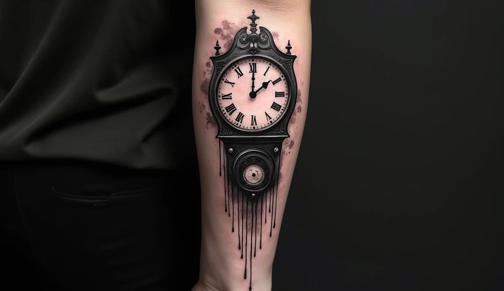A surrealist-style tattoo of a grandfather clock with melting numbers like Salvador Dalí art, dripping down a forearm. Inked in black and grey with fluid shading, distorted shapes, and dream-like transitions. Skin surface details visible, hyper-realistic tattoo look with studio lighting.

