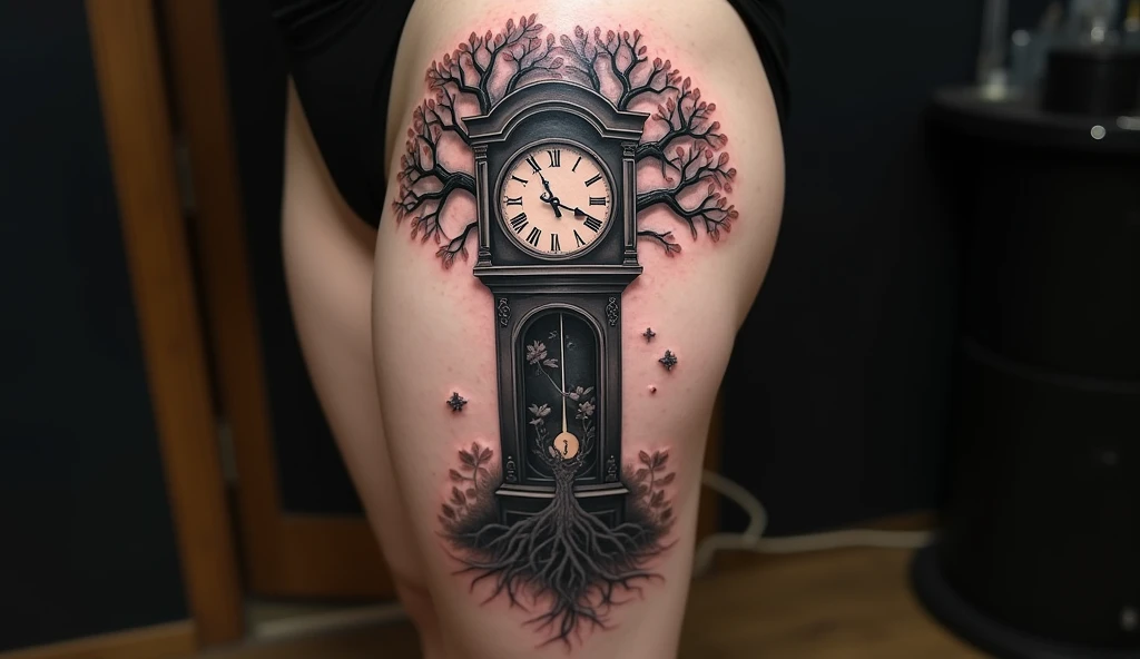 A symbolic grandfather clock with the Tree of Life growing through it, roots wrapping around the base and branches piercing through the top. Tattooed on the upper thigh, shaded realism style, combining nature and time. Black and grey tones with leaf detailing, realistic tattoo skin texture, indoor tattoo lighting.
