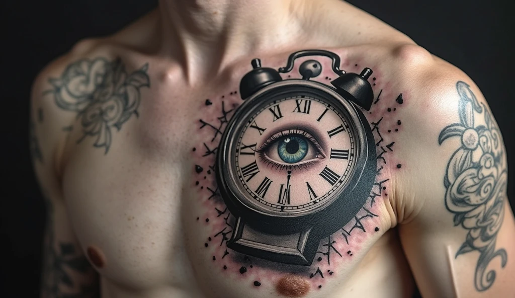 A broken grandfather clock with a realistic human eye embedded inside the clock face, symbolizing awareness and time. Tattooed on the chest near the heart. High detail ink, photo-realistic shading, black and grey tones, visible skin pores and fresh ink texture. Captured under soft studio light.
