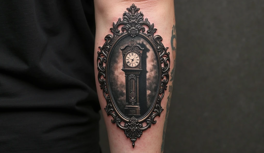 An ornate mirror-frame design with a gothic grandfather clock inside it, tattooed on the outer forearm. Neo-traditional style with baroque detailing, black and grey shading, reflective effects on the mirror. Realistic tattoo finish with slight skin texture and high-resolution image.