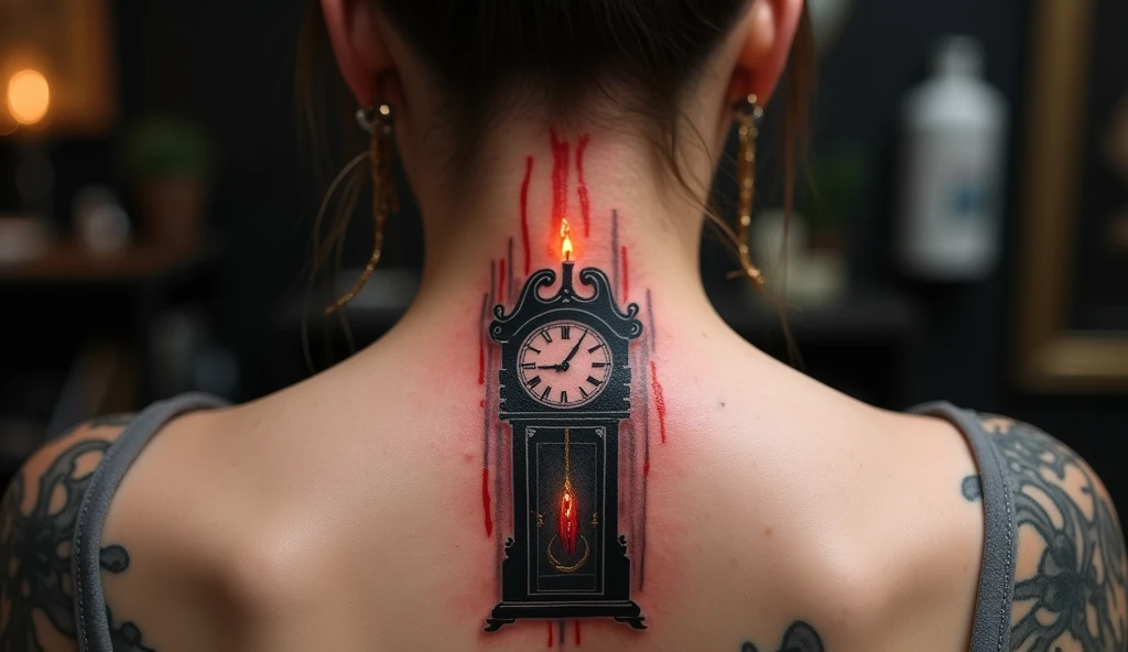 A dark aesthetic tattoo of a grandfather clock with melted candle wax dripping from the top and flames still flickering. Inked on the back of the neck. Blackwork and realism fusion style, moody shading, skin redness slightly visible, candle flame glow effect, captured in indoor tattoo parlor lighting.


